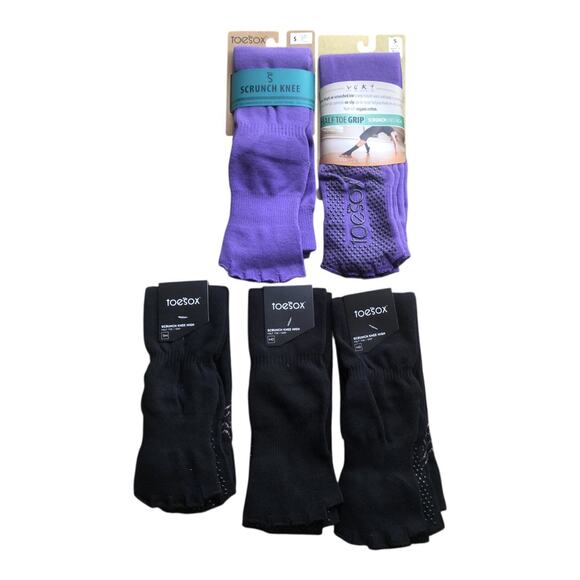 Lot Of 5 Toesox NIP Scrunch Knee High Half Toe Non-Slip Grip Black Print Purple - Picture 1 of 16